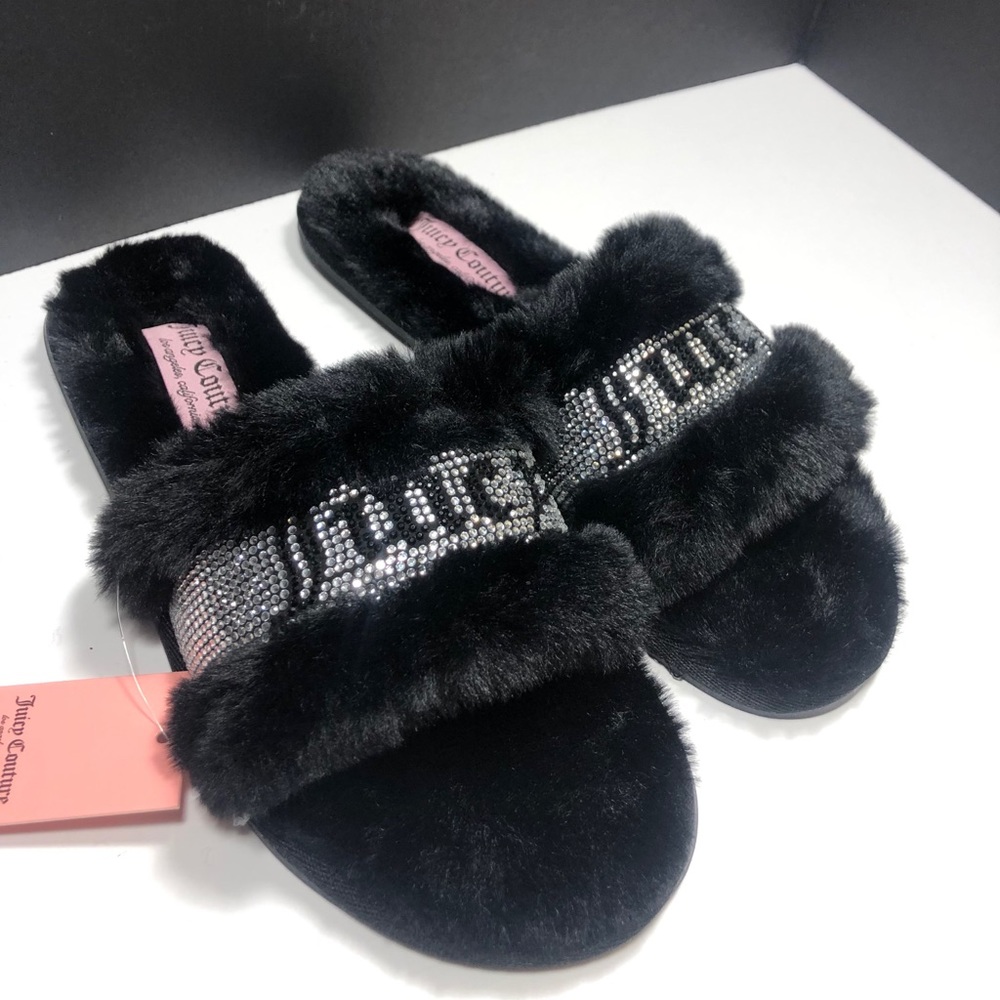 Juicy Couture Black Fur Slide Sandals